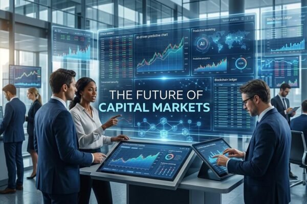 The future of FinTech in capital markets featuring AI, digital securities, and automated investing.