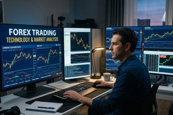 Forex trading technology with currency charts and real-time market data.