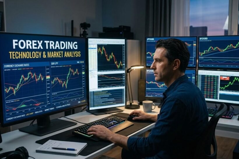 Forex trading technology with currency charts and real-time market data.