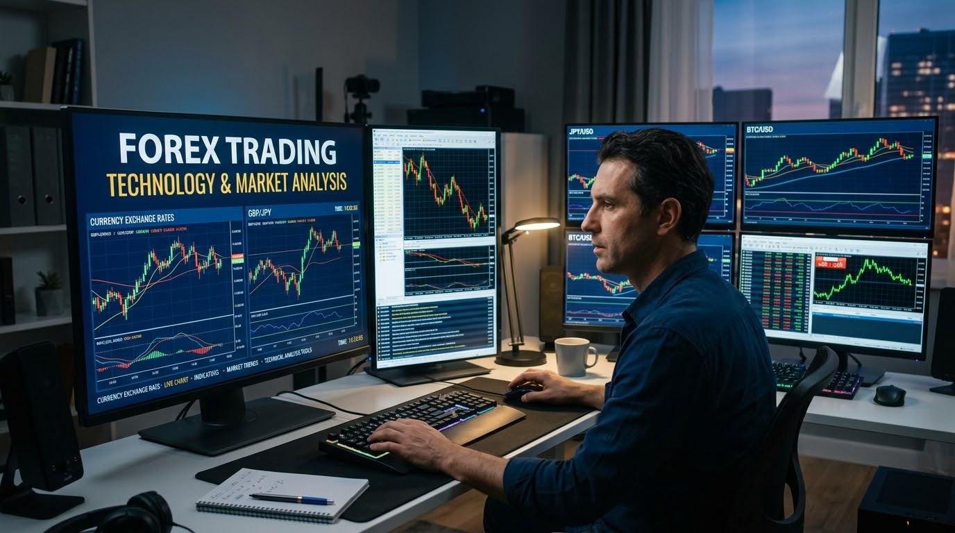 Forex trading technology with currency charts and real-time market data.
