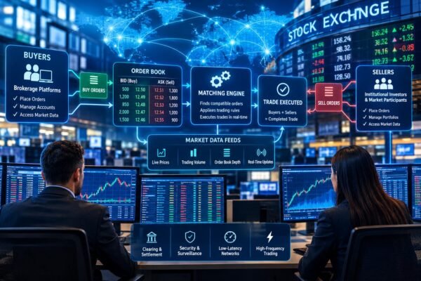 Stock market technology connecting buyers and sellers through electronic trading systems.