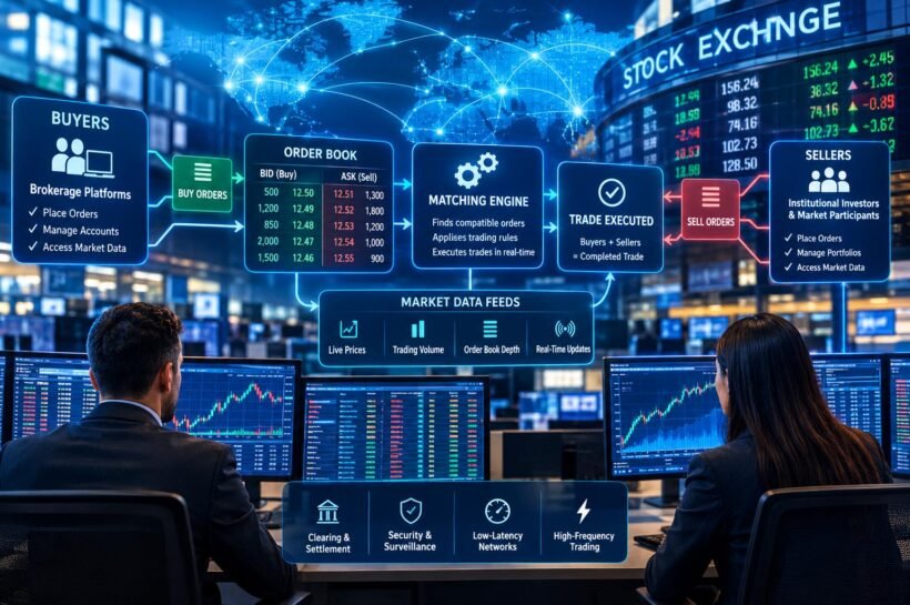 Stock market technology connecting buyers and sellers through electronic trading systems.