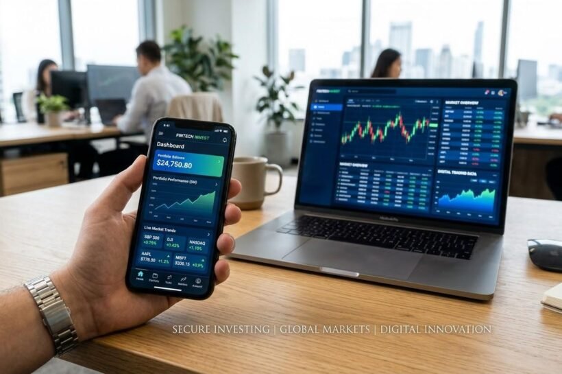 Investment app dashboard showing stock prices, portfolio performance, and digital investing technology.