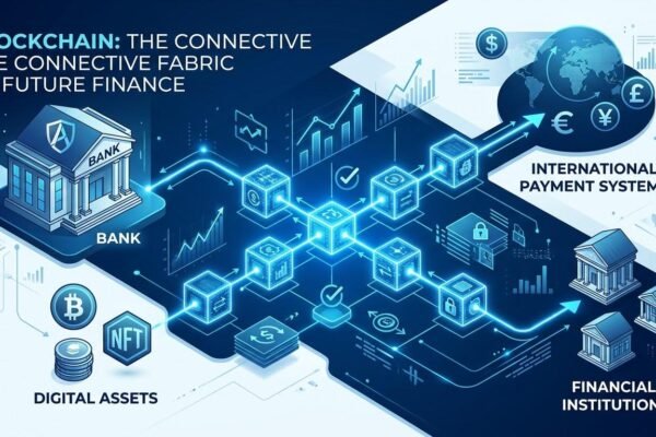 Blockchain in finance connecting banks, digital assets, and international payment systems through distributed ledger technology.