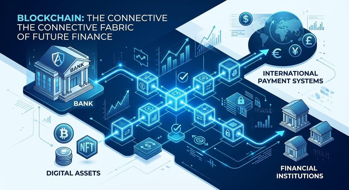 Blockchain in finance connecting banks, digital assets, and international payment systems through distributed ledger technology.