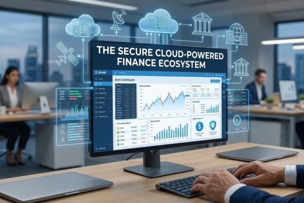 Cloud computing in finance connecting banks, investment platforms, and secure data centers.