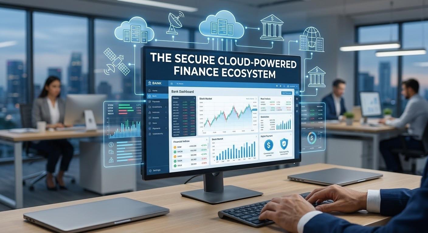 Cloud computing in finance connecting banks, investment platforms, and secure data centers.