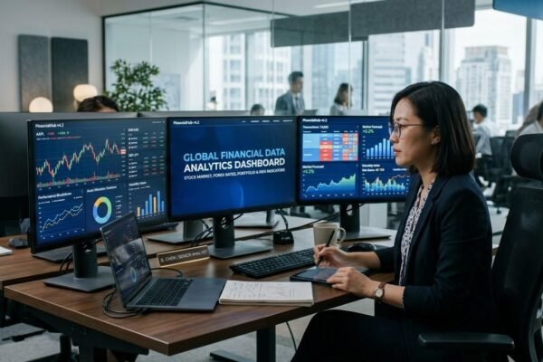 Financial data analytics dashboard showing banking data, Forex rates, stock market trends, and investment portfolio performance.