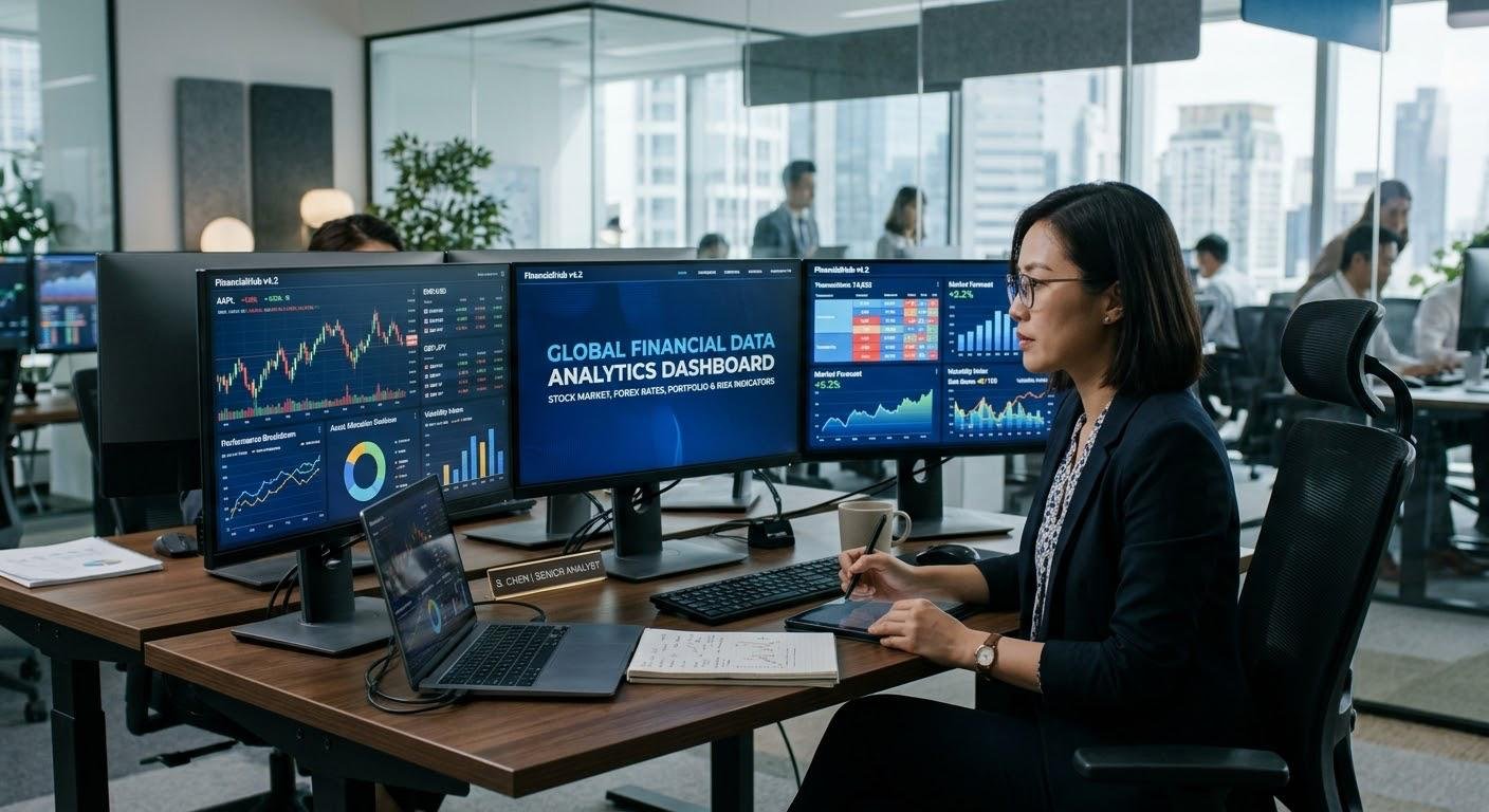 Financial data analytics dashboard showing banking data, Forex rates, stock market trends, and investment portfolio performance.