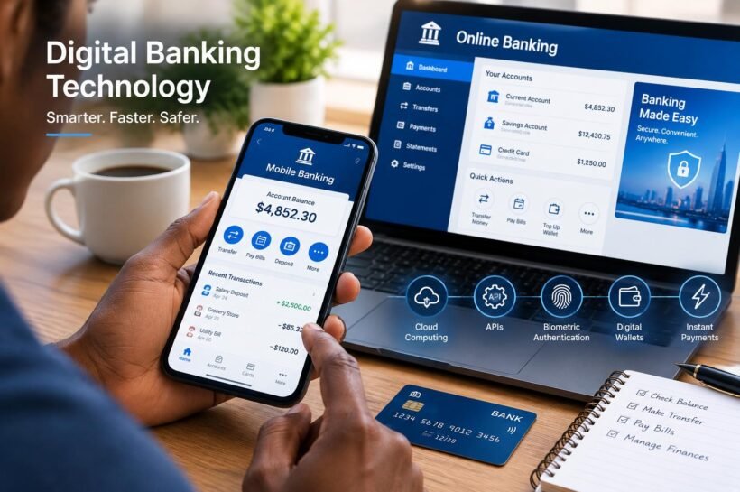 Digital banking technology enabling secure mobile payments and online financial services.
