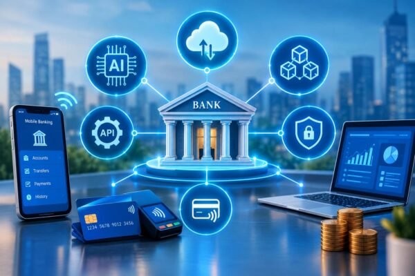 FinTech technologies connecting digital banking, AI, blockchain, cloud computing, and electronic payments.