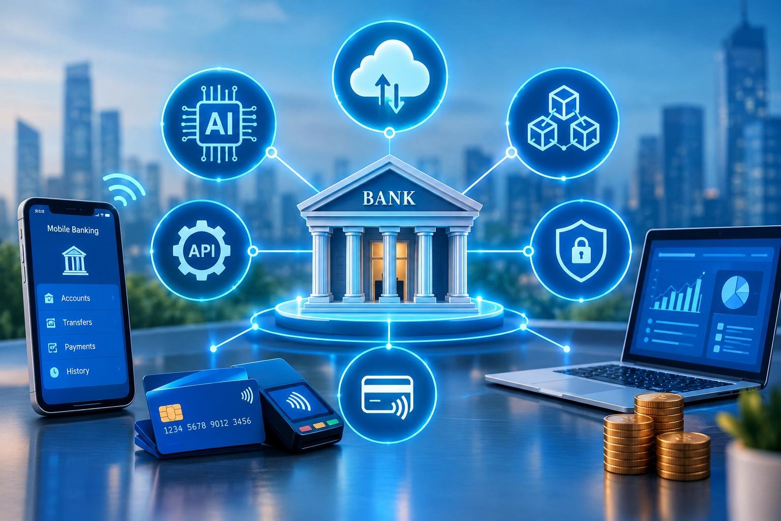 FinTech technologies connecting digital banking, AI, blockchain, cloud computing, and electronic payments.