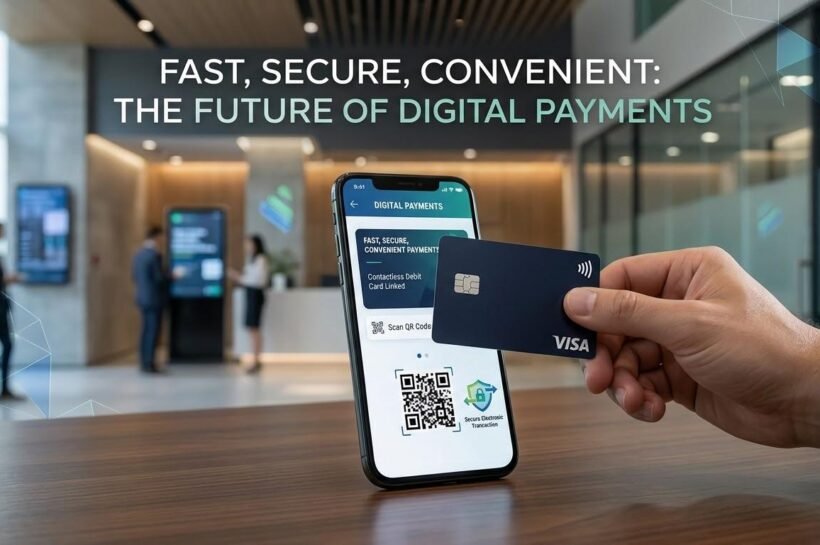 Digital payments technology featuring a mobile banking app, contactless debit card, and QR code payment.