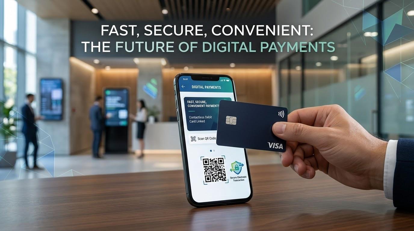 Digital payments technology featuring a mobile banking app, contactless debit card, and QR code payment.