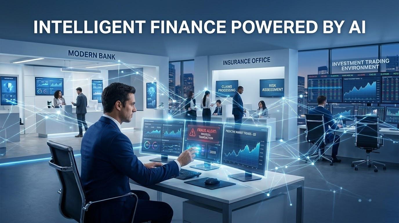 AI transforming banking, insurance, and investment services through financial data analytics.