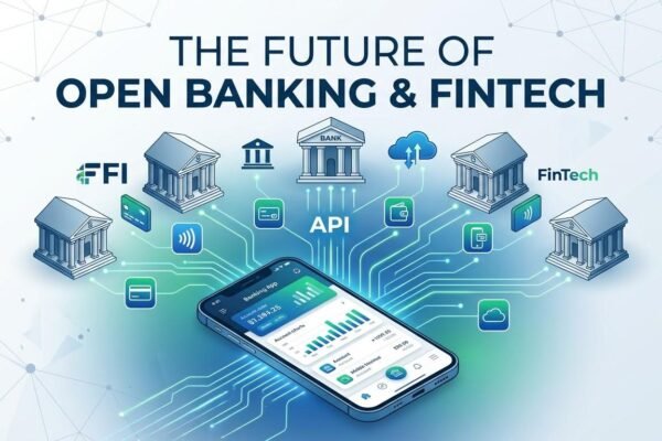 Open banking APIs connecting banks, FinTech apps, and digital financial services.