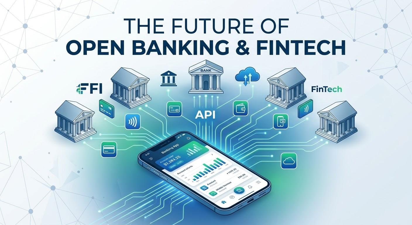 Open banking APIs connecting banks, FinTech apps, and digital financial services.
