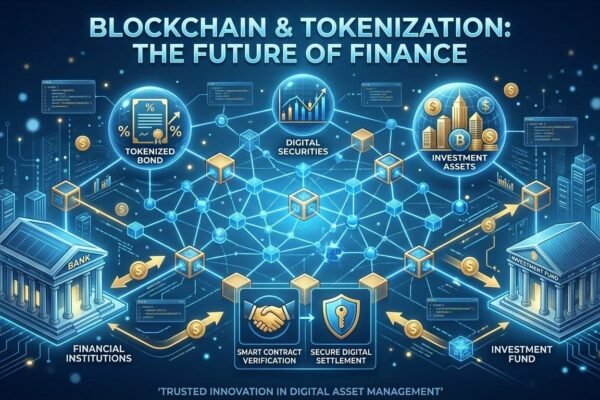 Blockchain and tokenization in finance connecting digital assets, securities, and financial institutions.
