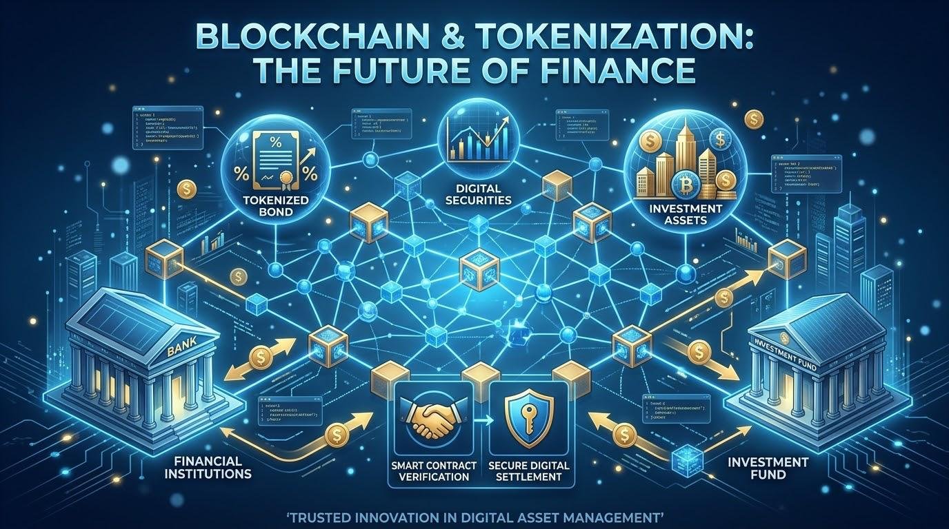 Blockchain and tokenization in finance connecting digital assets, securities, and financial institutions.