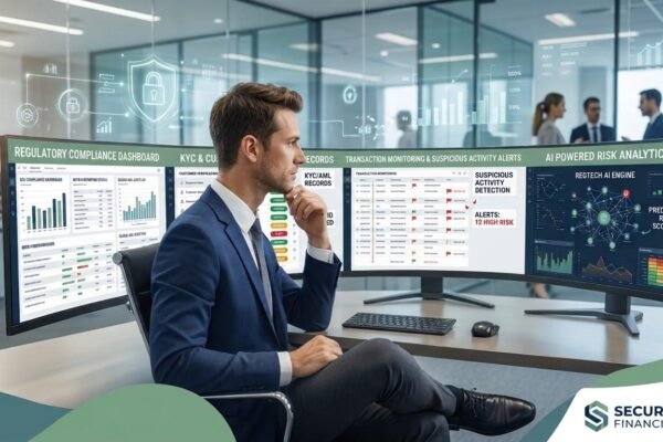 RegTech technology helping financial institutions manage regulatory compliance and financial risks.