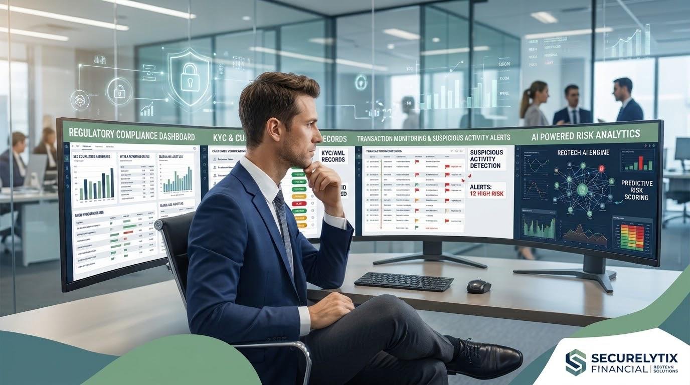 RegTech technology helping financial institutions manage regulatory compliance and financial risks.