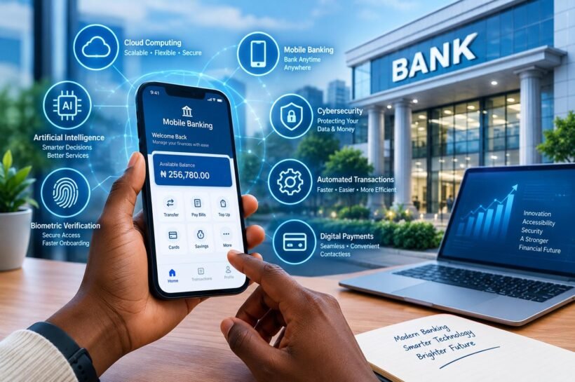 Digital banking trends showing mobile banking, financial technology, online payments, and cybersecurity.