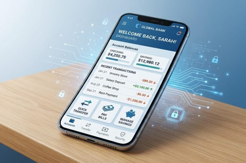 Smartphone displaying a mobile banking app with account balances, money transfers, bill payments, and security features.