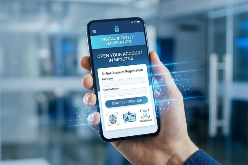 Online bank account opening using digital identity verification and biometric authentication on a smartphone.