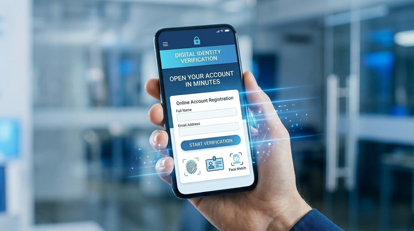 Online bank account opening using digital identity verification and biometric authentication on a smartphone.