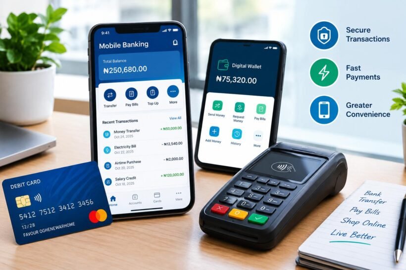 Cashless banking with digital payments, a mobile banking app, debit card, and contactless payment terminal.