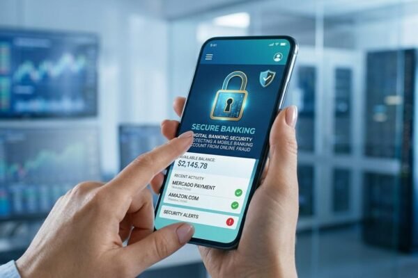 Digital banking security protecting a mobile banking account from online fraud.