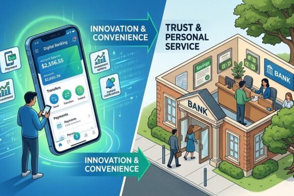 Digital banks vs traditional banks showing mobile banking technology and a traditional bank branch.