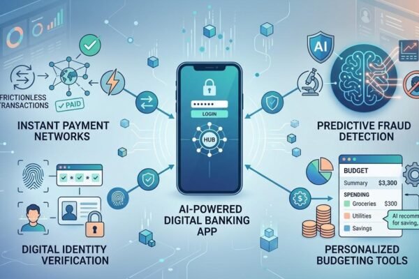AI-powered digital banking connecting instant payments, fraud detection, digital identity, and personalized financial management.