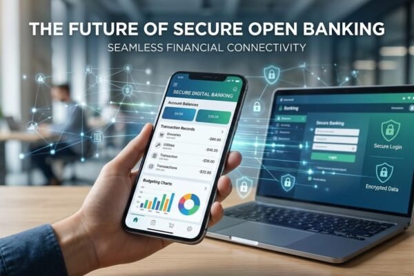 Open banking technology connecting financial accounts through secure data sharing and digital banking applications.