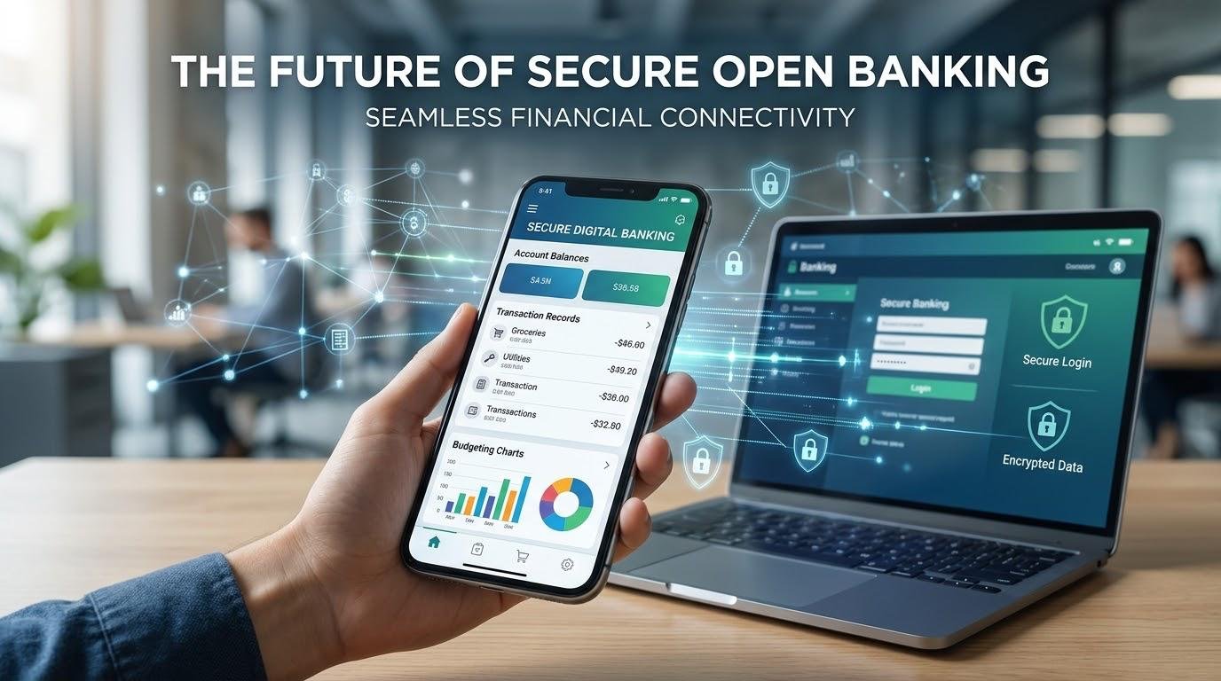 Open banking technology connecting financial accounts through secure data sharing and digital banking applications.