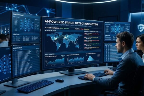AI-powered fraud detection system monitoring banking transactions to prevent financial crime.