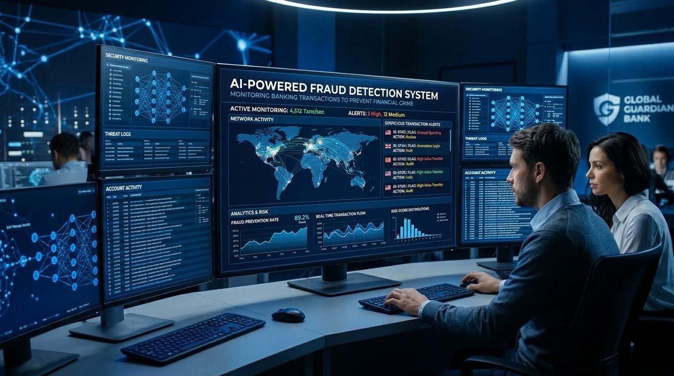 AI-powered fraud detection system monitoring banking transactions to prevent financial crime.