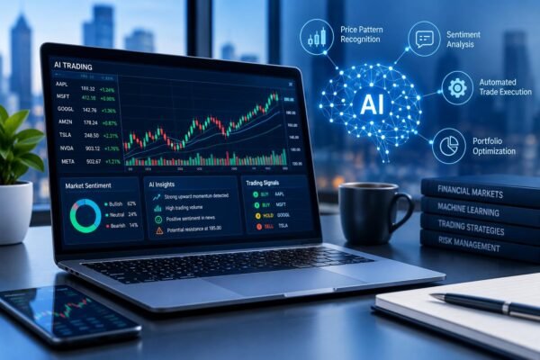 AI in algorithmic trading with machine learning analytics and financial market charts.