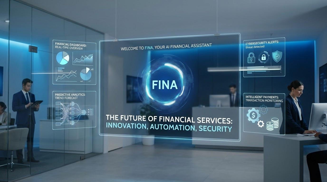 The future of artificial intelligence in banking featuring digital financial assistants, predictive analytics, fraud detection, and intelligent payment systems.