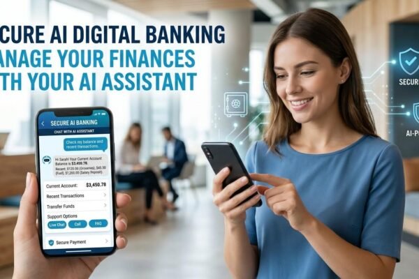 AI chatbot assisting a customer with digital banking services on a smartphone.