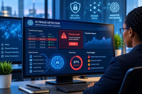 AI and big data analytics dashboard detecting suspicious financial transactions and preventing digital banking fraud.