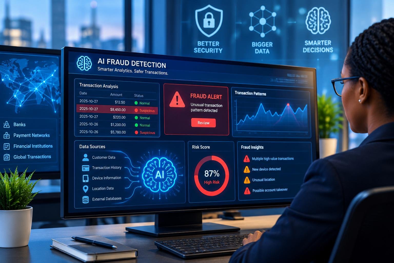 How Artificial Intelligence and Big Data Are Improving Fraud Detection in Financial Services 2 AI and big data analytics dashboard detecting suspicious financial transactions and preventing digital banking fraud.