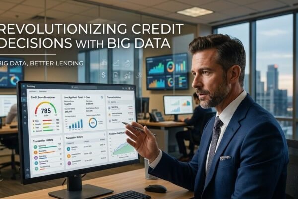 Financial analyst using big data analytics for credit scoring and loan approval decisions.