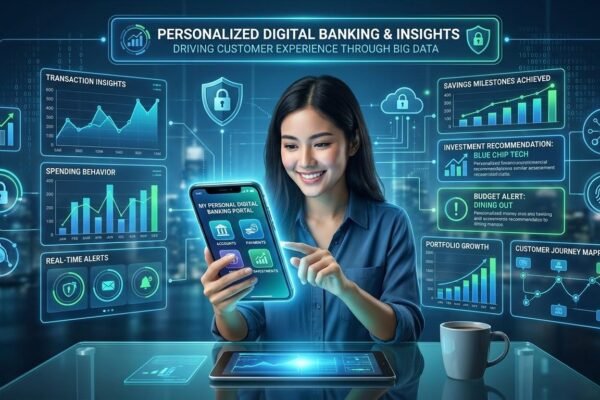 Big data analytics personalizing digital banking services and improving customer experience.