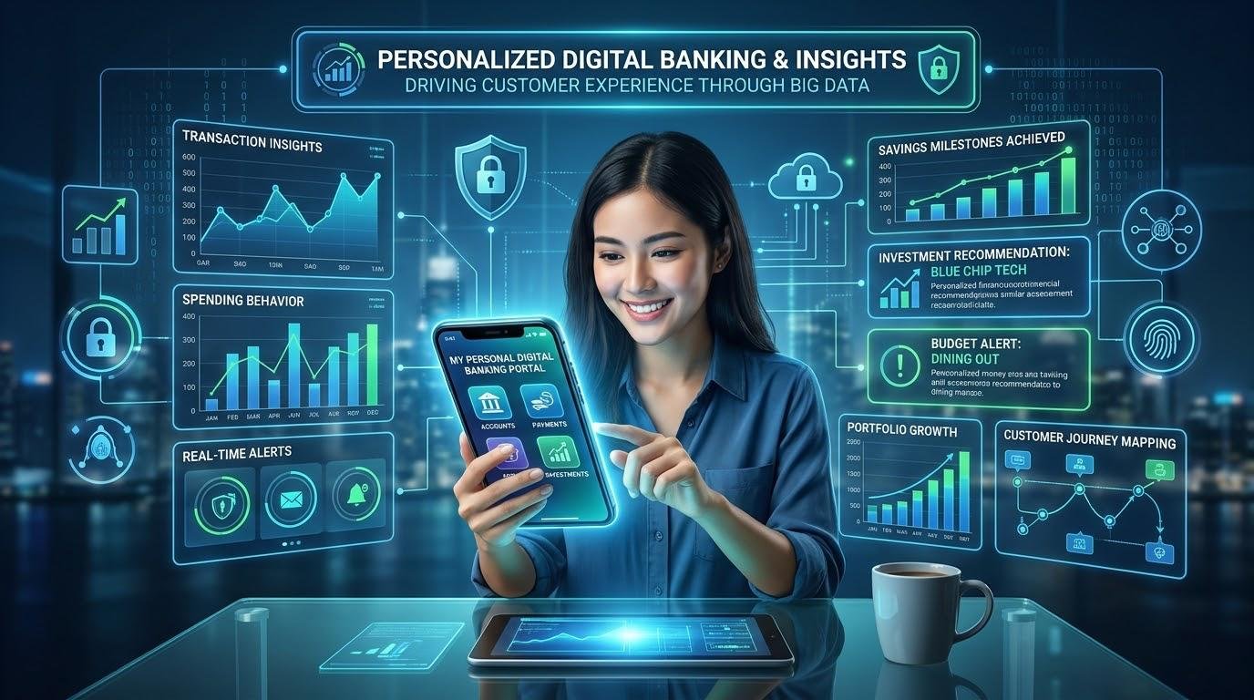 Big data analytics personalizing digital banking services and improving customer experience.
