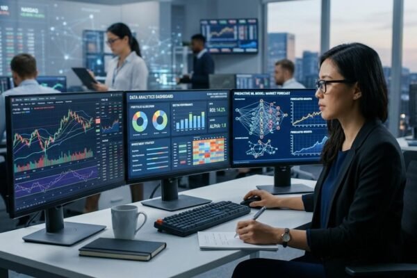 Financial analyst using big data and machine learning tools to analyze investment markets and make informed investment decisions.