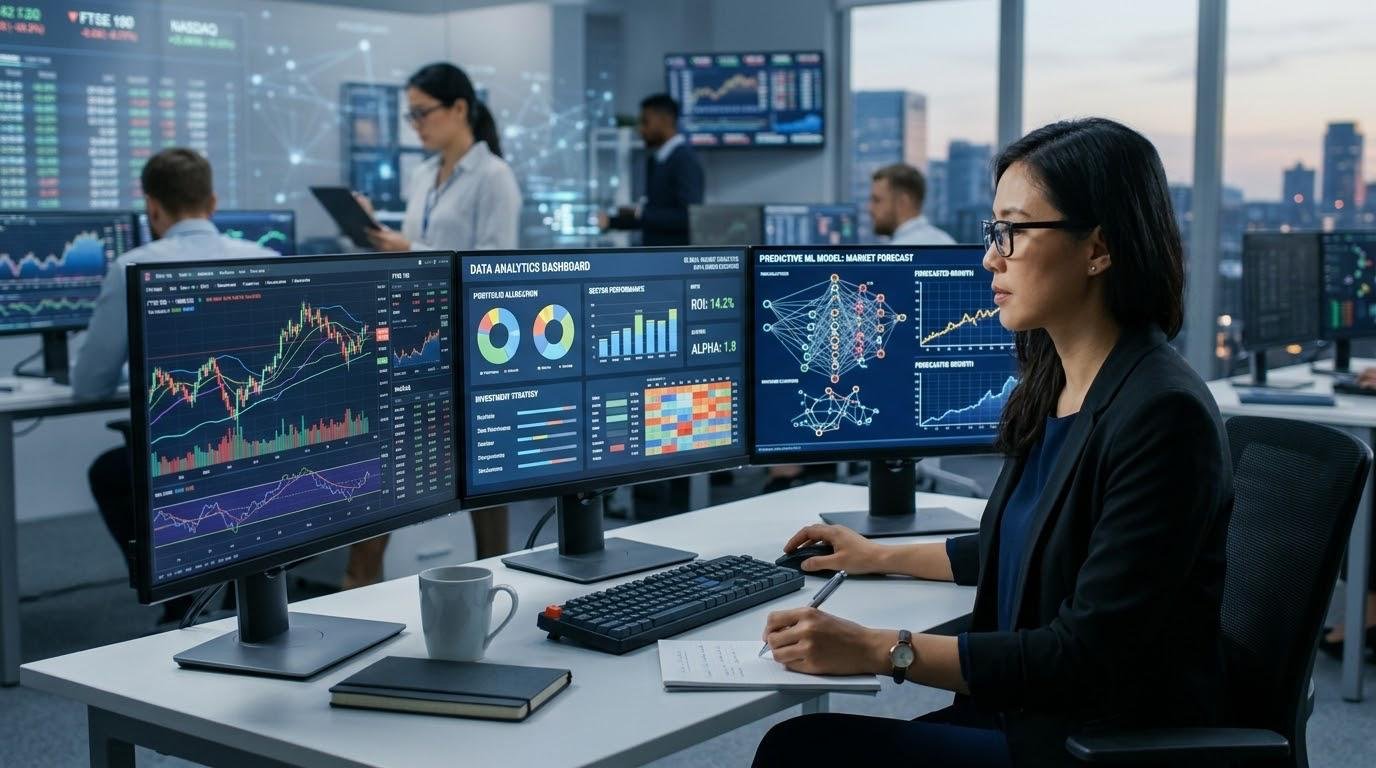 Financial analyst using big data and machine learning tools to analyze investment markets and make informed investment decisions.