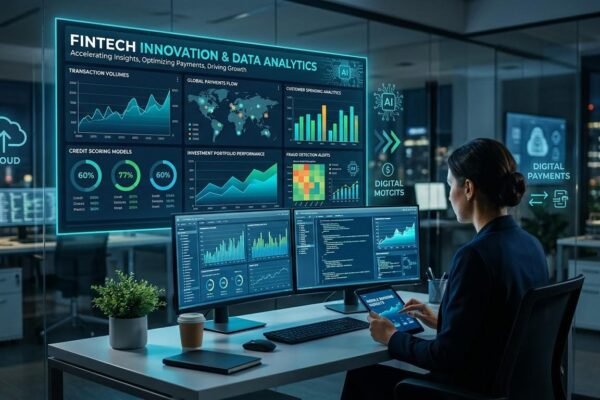 Big data analytics dashboard showing financial transactions and digital banking insights in FinTech.