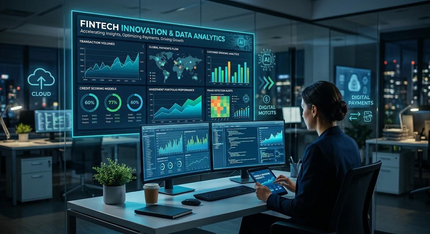 Big Data in FinTech: How Financial Technology Companies Use Data to Drive Innovation 1 Big data analytics dashboard showing financial transactions and digital banking insights in FinTech.