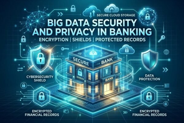 Big data security and privacy in banking with encryption, cybersecurity shields, and protected financial records.